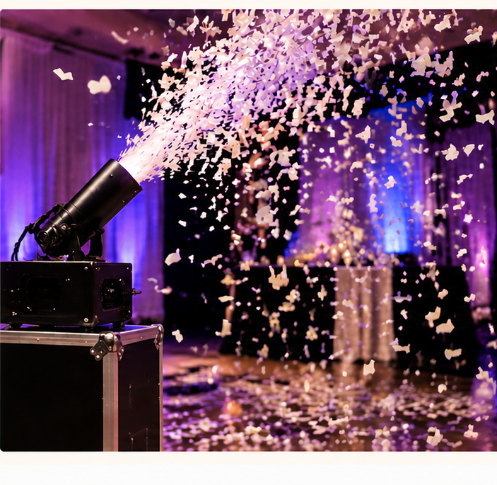 Confetti machine with confetti raining down at an event