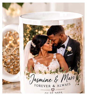 Personalized mug with wedding photo and custom wording