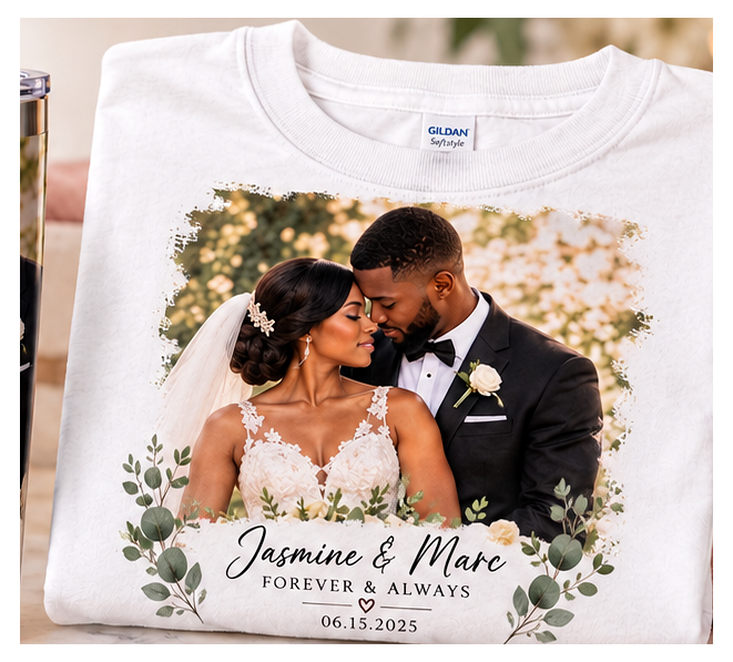 Personalized T-shirt with wedding photo and custom wording